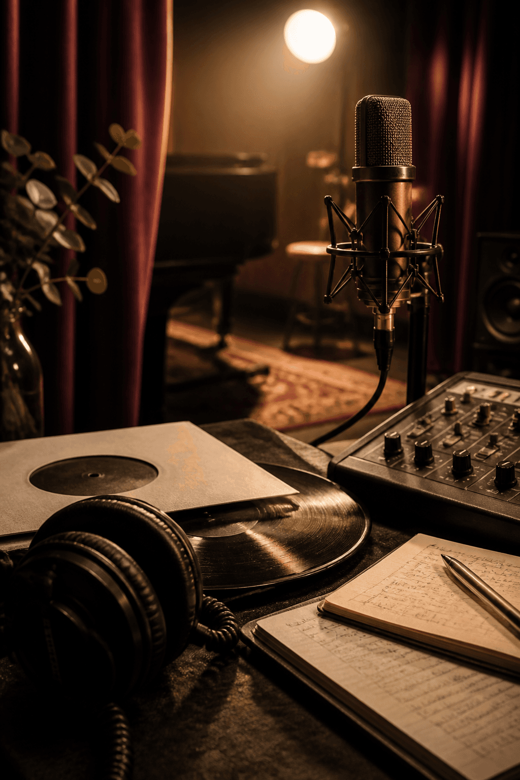 Micro, vinyle, console et carnet dans un studio musical ESSUF MUSIC