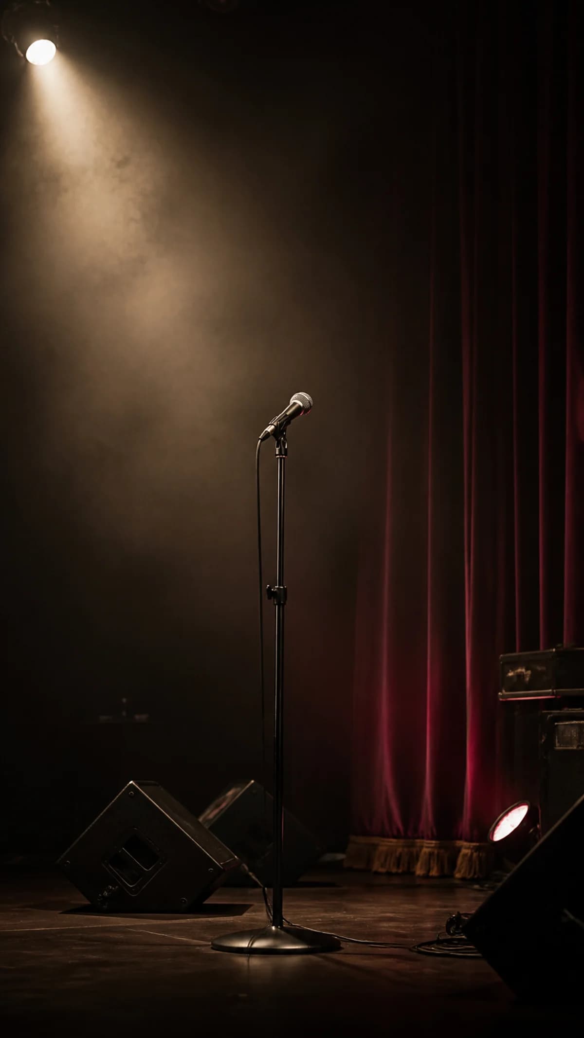 Micro sur une scène vide éclairée avant un concert