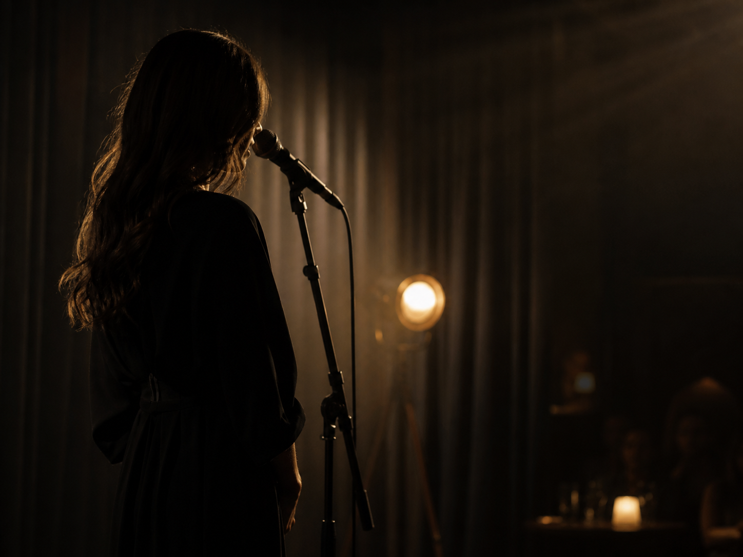 Ambiance live room avec silhouette non identifiable au micro