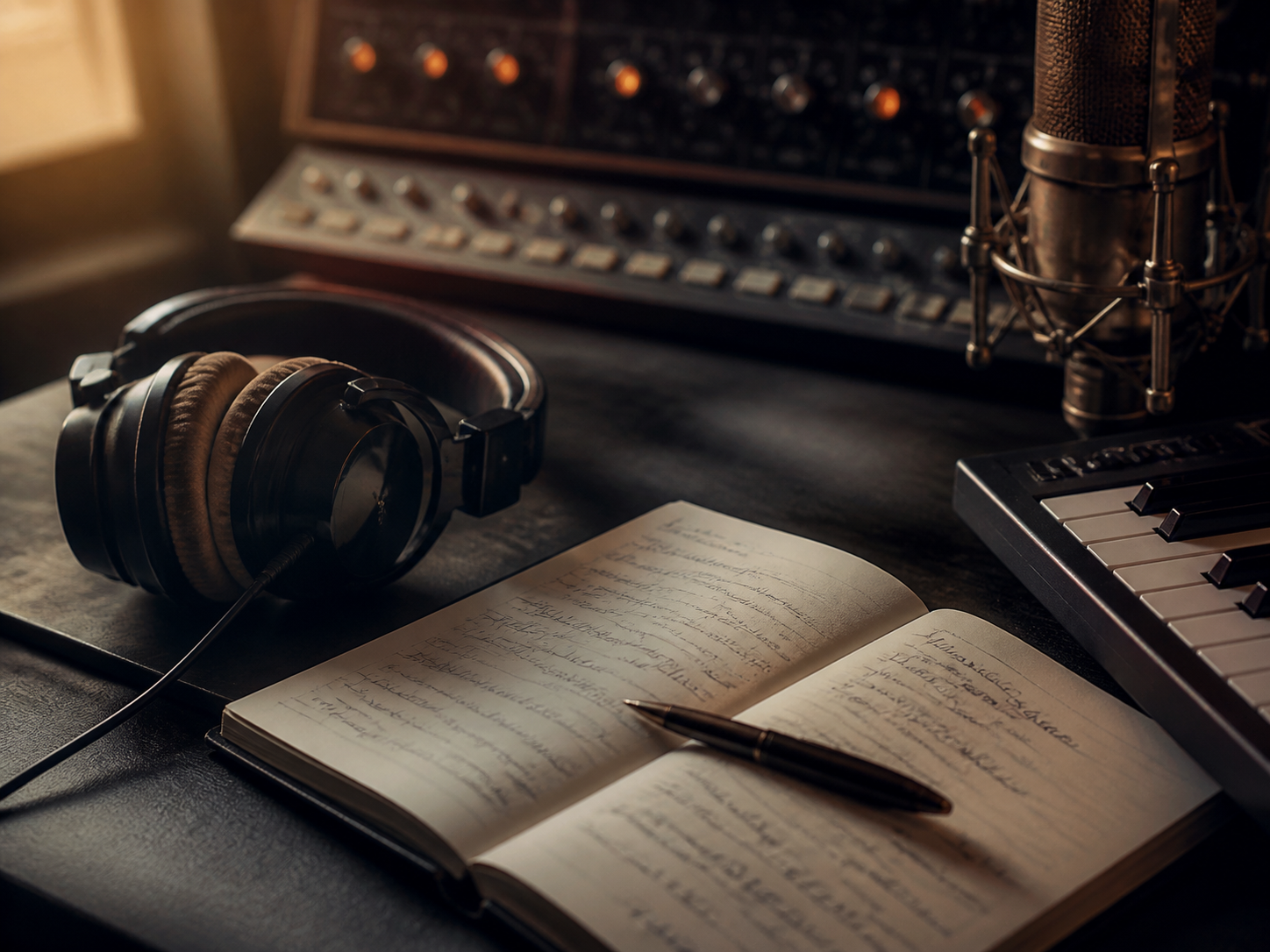 Detail de studio avec casque, carnet, micro et console
